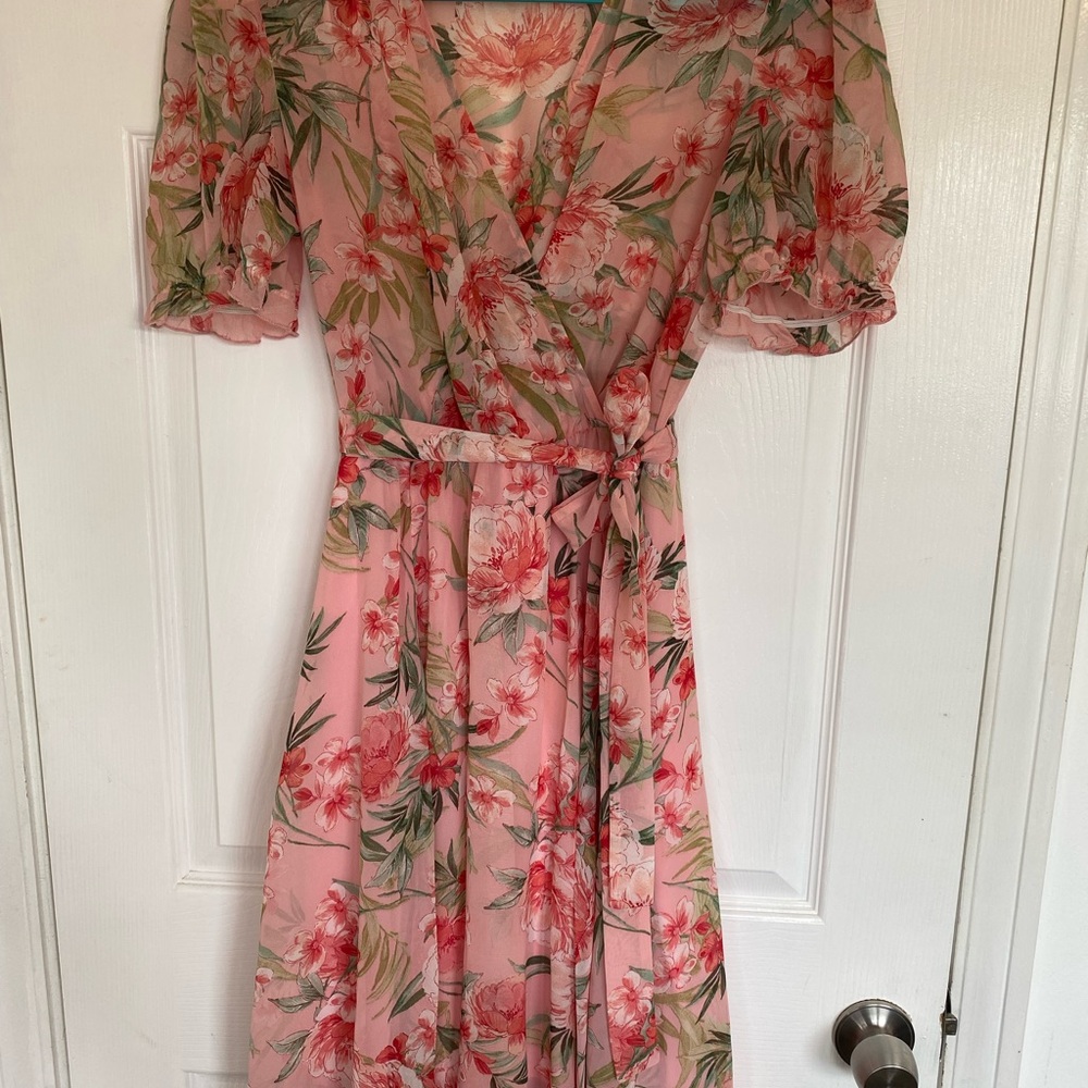 Pink and Orange Ruffled Wrap Midi Dress